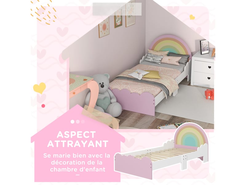  Lit pour enfants de 3 à 6 ans 143 x 74 x 66 cm design arc-en-ciel sommier à lattes inclus chambre moderne rose  - Conforama D