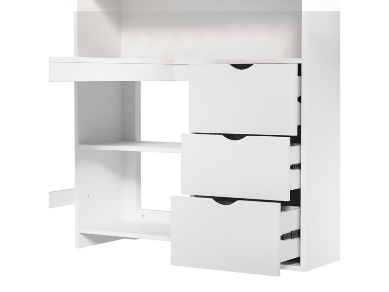  Lit mezzanine 140x200 blanc avec bureau, échelle, étagères et 3 tiroirs, structure en pin et mdf, couchage surélevé enfant  - Conforama W