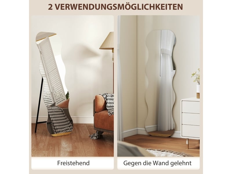 Miroir plein pied ondulé sans cadre noir en verre trempé, base en pin, à poser ou adosser, 160 cm - Conforama D