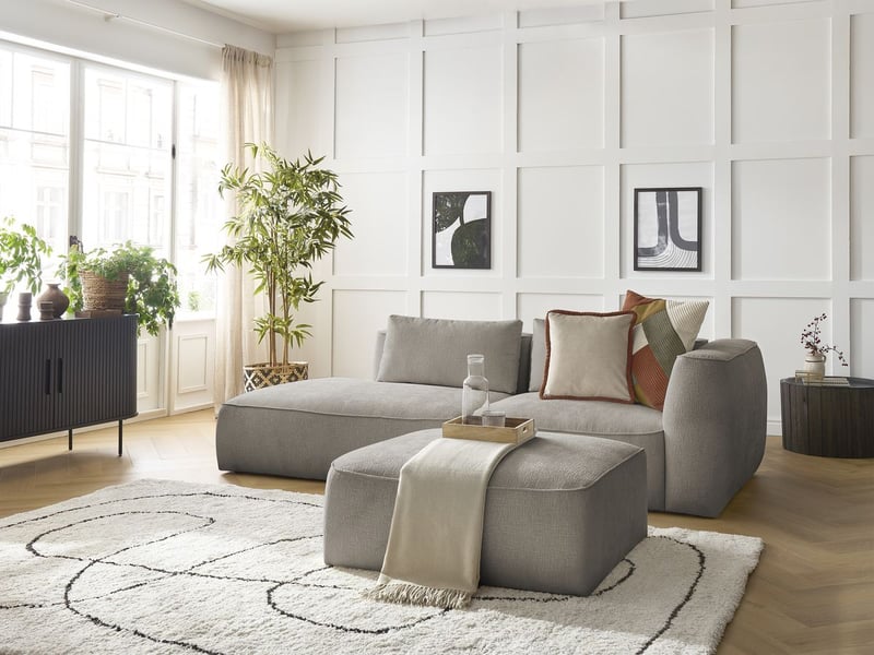  Bobochic canapé droit fixe 3 places leopold tissu texturé avec pouf taupe  accoudoir droit LEOPOLD - Conforama B