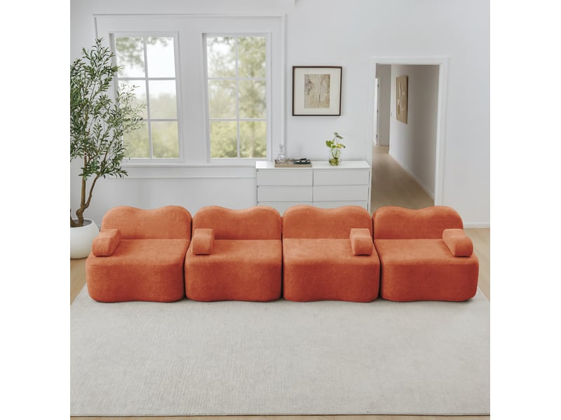 Canapé modulaire 4 places en velours orange, forme ondulée, assise profonde et confort pour votre salon - Conforama B