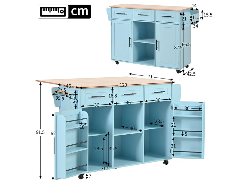  Desserte de cuisine bleue 139x46x91,5 cm avec plateau rabattable et roulettes  - Conforama C