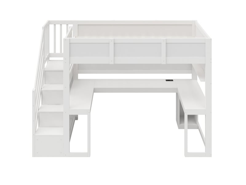 Lit mezzanine 90x200 cm avec bureau, rangements, led et usb blanc, sans matelas - Conforama E