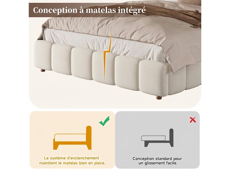  Lit double 140x190 lit coffre hydraulique en velours beige avec sommier à lattes  - Conforama E
