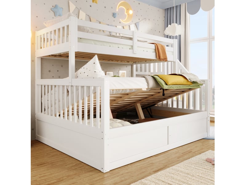  Lit superposé enfant 90x200 + 140x200 cm avec rangements, blanc et naturel  - Conforama D
