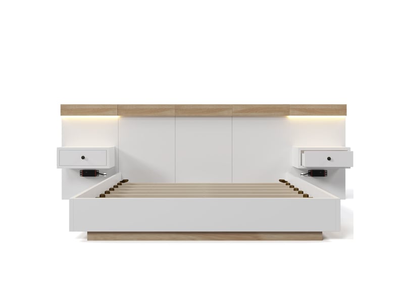  Lit double en bois, 180 x 200 cm, avec 2 tables de chevet (éclairage led et port usb-c) – finition chêne sonomablanc  - Conforama A