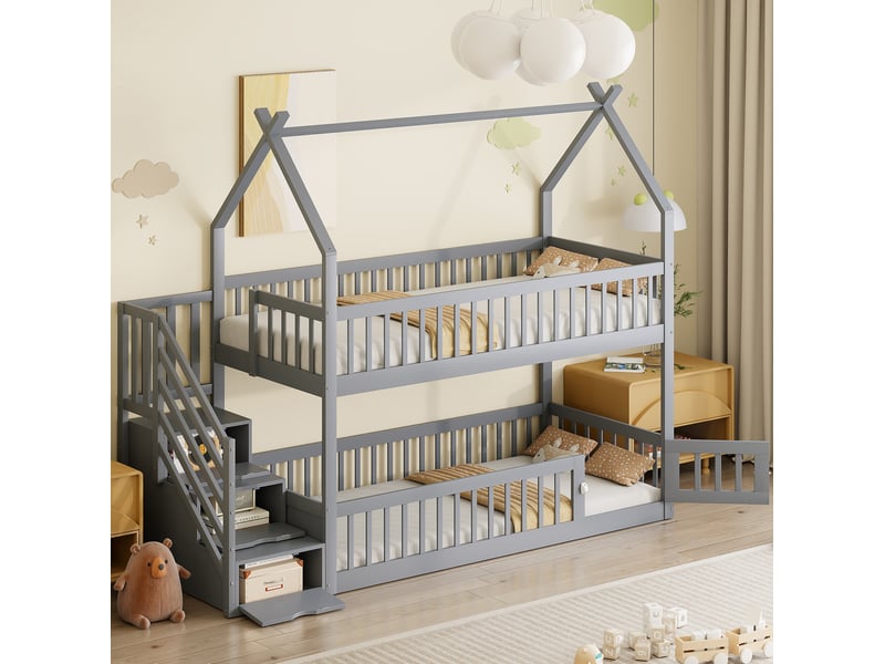 Lit superposé enfants 90x200 cm, escalier à tiroirs de rangement, sommier, charpente du toit, bois, gris, sans matelas - Conforama D