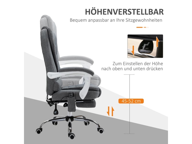 Chaise de bureau massante chauffante inclinable 135° - lpospi - pivotante, hauteur réglable, polyester gris - Conforama E