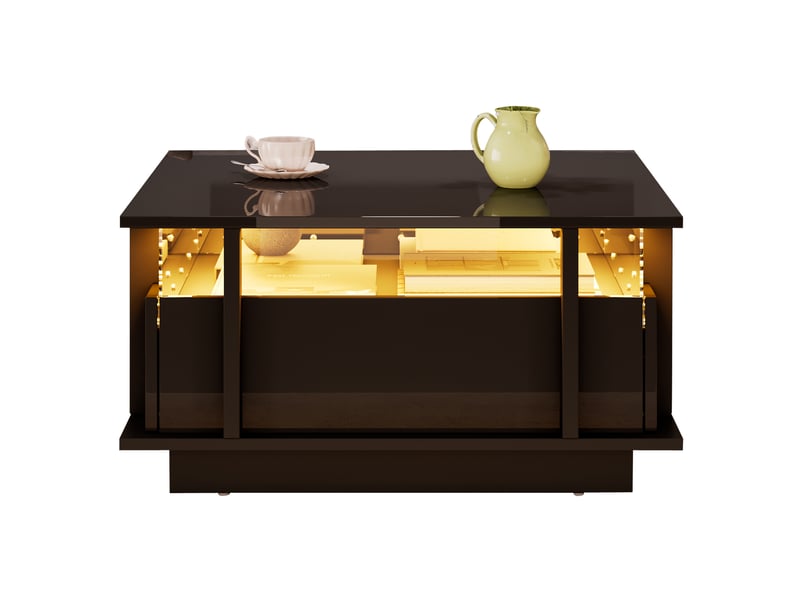  Table basse tcqpz 70 x 70 x 35 cm à 2 tiroirs led en panneau de particules noir brillant  - Conforama A
