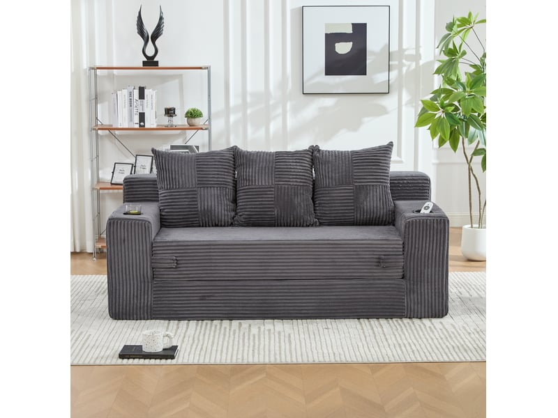  Canapé modulable 3 places modenvie gris en velours côtelé avec porte-gobelets et poches latérales  - Conforama D