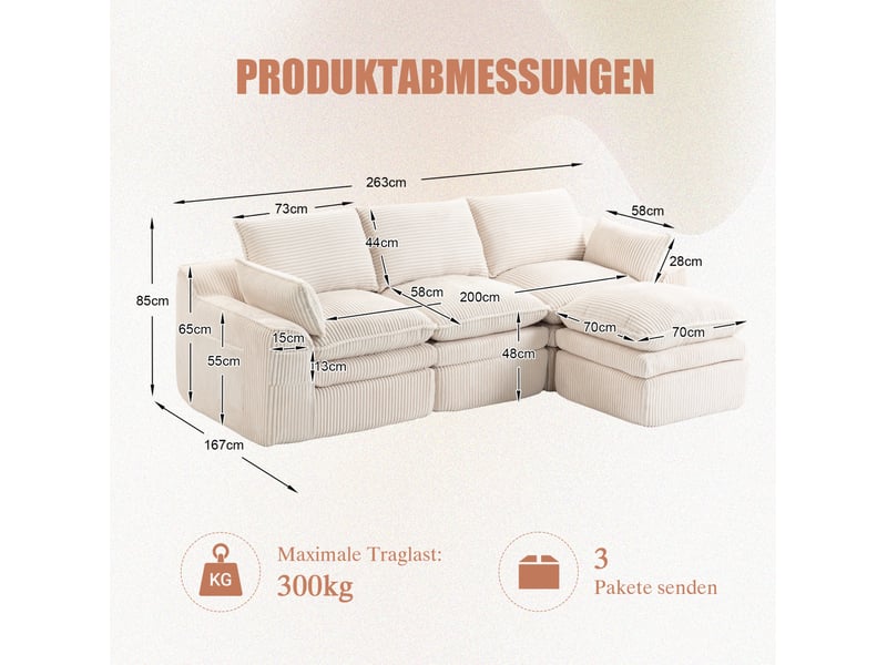 Canapé 3 places modulaire en velours côtelé beige avec pouf et coussins - Conforama E