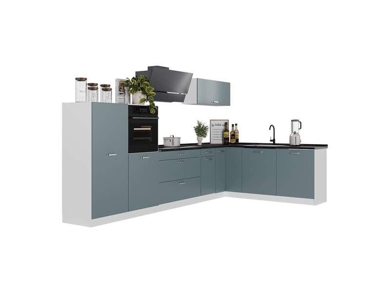  Vicco cuisine en angle, bleu-grisblanc, 347 x cm plan de travail chêne doré  - Conforama E