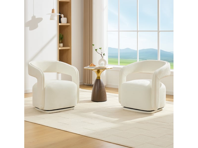  Fauteuil pivotant à 360° 70x65,5x74 cm, design tonneau, confort ergonomique, tissu chenille, canapé une place, blanc  - Conforama D