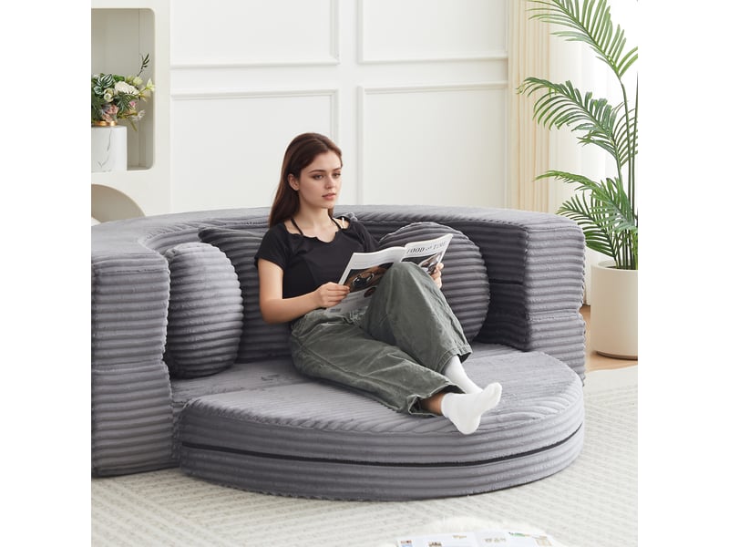 Canapé modulable 1 place 180x158 cm, 4 en 1 convertible en méridienne et lit de repos rond, velours côtelé, mousse, gris OMNIGLINT TRADING LTD - Conforama D