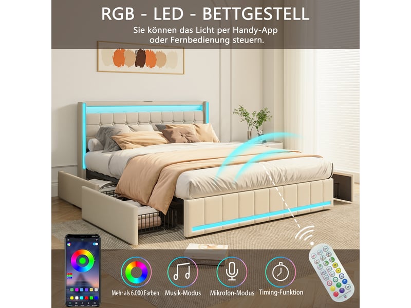 Lit double 180x200 cm,lit adulte,led et chargement usb, 4 tiroirs,sommier à lattes,lit 2 personnes pour adultes, lin ,beige - Conforama R