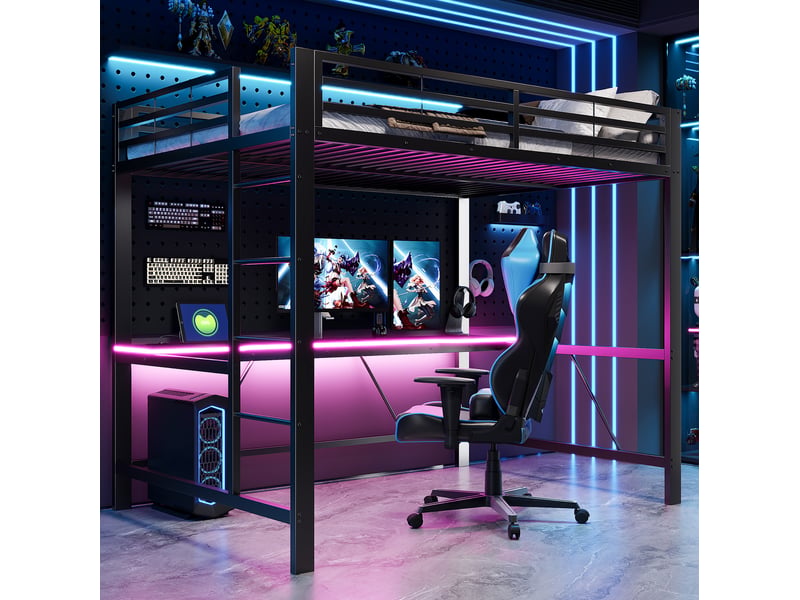 Lit mezzanine enfant 140x200 cm, station usb, bureau et éclairage led, en mdf, structure en métal, noir, sans matelas - Conforama E