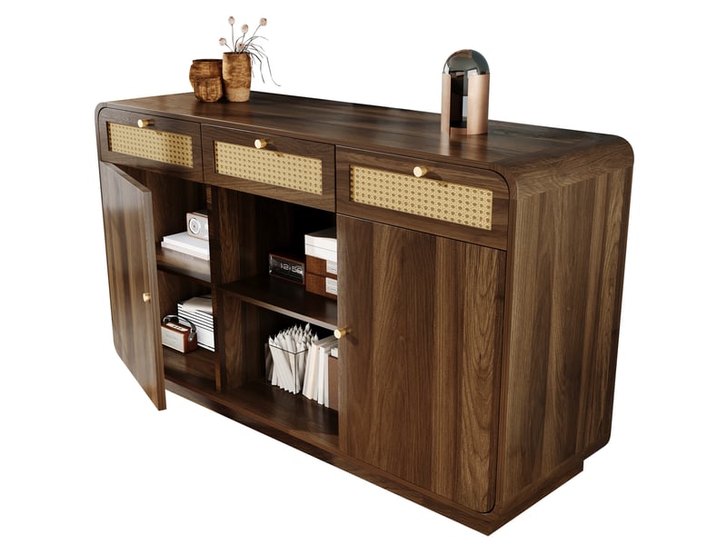 Buffet 120x40x85 cm, 3 tiroirs, 2 placards et étagère ouverte, mdf et panneaux de particules noyer - Conforama A