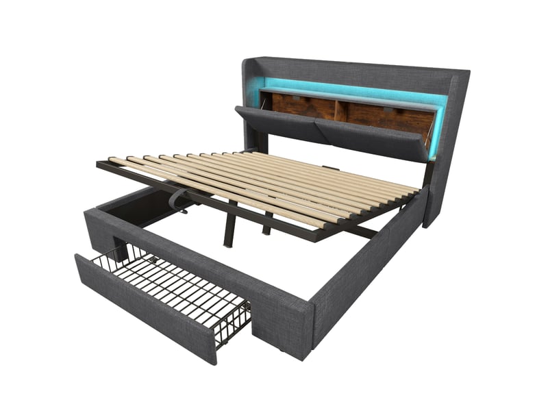  Lit rembourré 160x200 cm gris en lin, rangement hydraulique, led, usb c, avec matelas inclus  - Conforama D