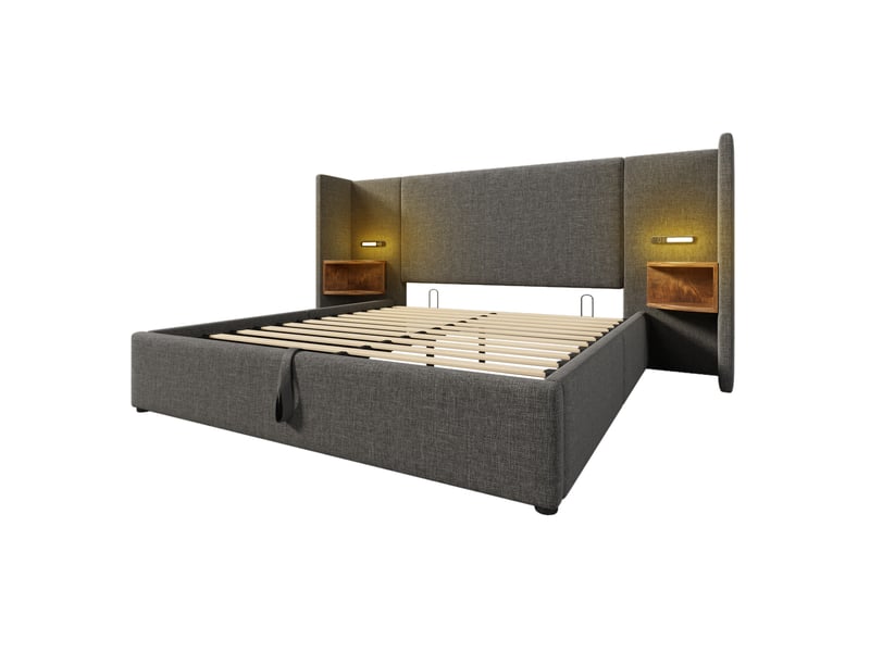  Lit coffre,160x200 cm,avec lampe de lecture et ports usb type-c,lin,gris  - Conforama D