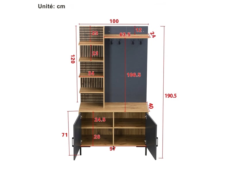  Vestiaire d'entrée industriel avec crochets et étagères 100 cm  - Conforama E