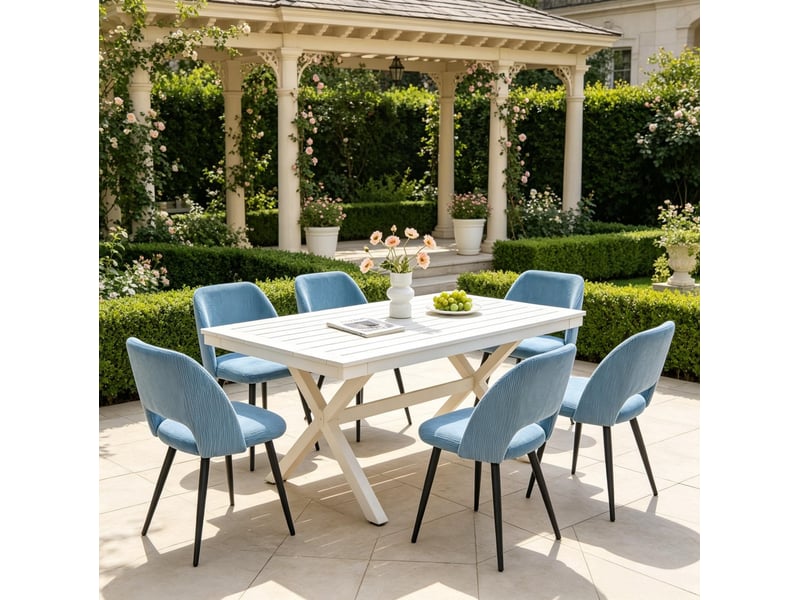  Lot de 6 chaises de salle à manger en tissu côtelé bleu avec pieds en métal noir  - Conforama C