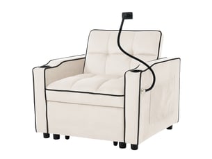 Fauteuil convertible 3 en 1, canapé lit 1 place beige en velours avec dossier réglable, porte-gobelets et support téléphone, 83x167x76cm.