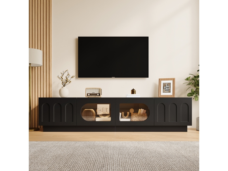  Meuble tv 200x40x42 cm, couleur noir en panneaux de particules et mdf, 4 portes, porte arquée, éclairage led contrôlable par application  - Conforama E