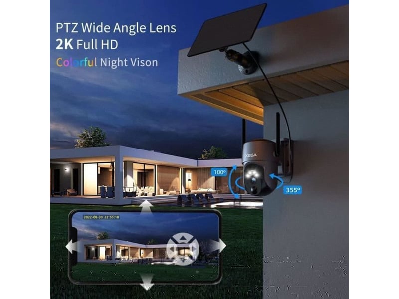 Caméra wi-fi solaire ptz 2k xega détection humaine vision couleur ip66 - Conforama D