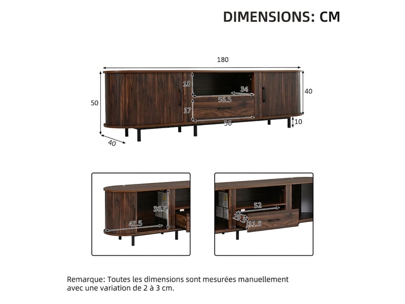  Meuble tv 180 cm pour téléviseur 75 pouces, couleur noyer avec portes coulissantes et tiroir, style rétro  - Conforama C