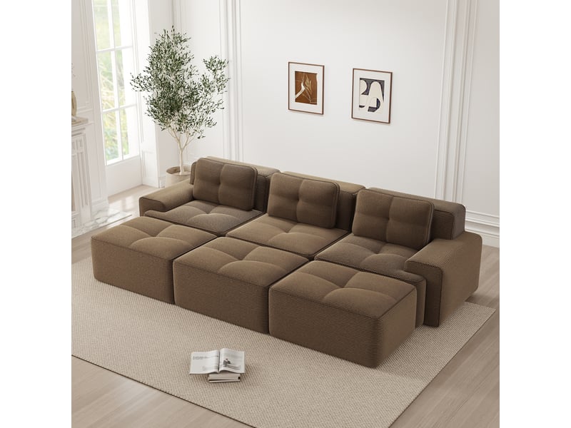  Canapé modulaire 3 places convertible avec 3 poufs - lpospi - assise profonde et base antidérapante, velours côtelé - marron  - Conforama B