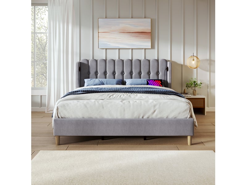  Lit rembourré tcqpz 140 x 200 cm avec usb et type-c gris en lin sommier à lattes  - Conforama E