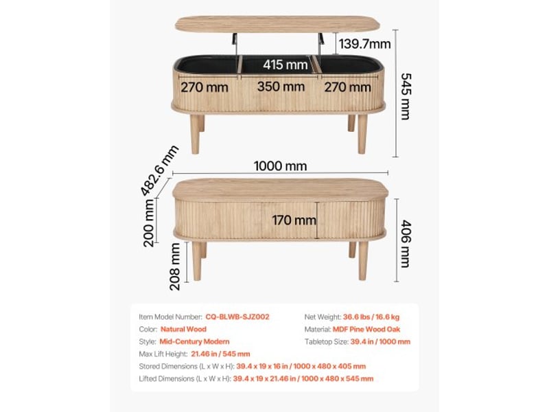  Table basse relevable, table de salon ovale avec rangement caché de 3 compartiments, plateau relevable, meuble en bois pour maison, bureau et chambre, cannelée, mécanisme de levage métallique  - Conforama D