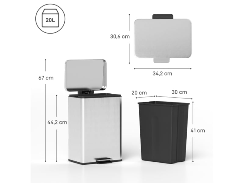 Poubelle à pédale 20 l argentée, couvercle soft-close, bac intérieur amovible, 34,2x30,6x44,2 cm - Conforama C