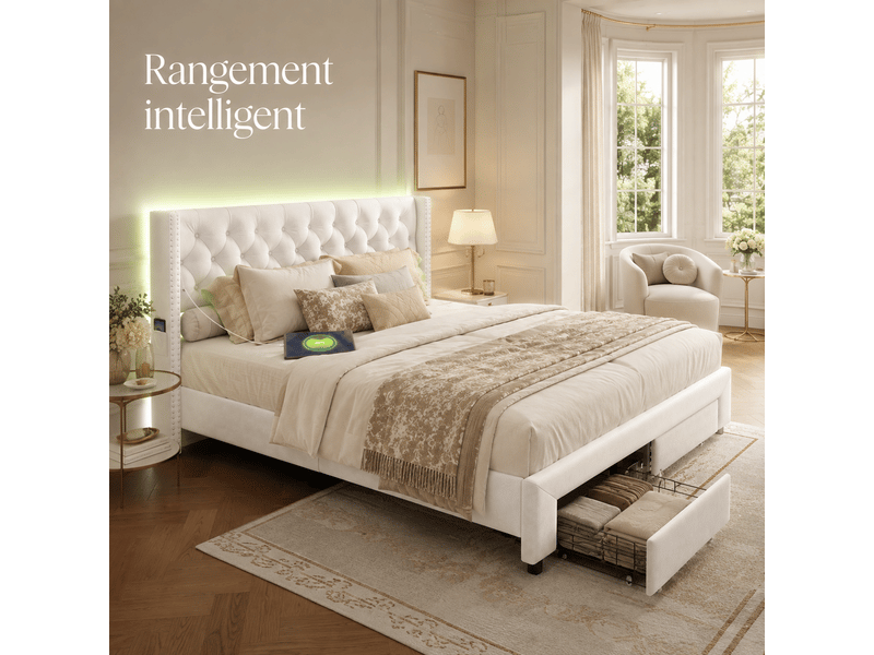  Lit coffre double avec 2 tiroirs - 140x190 cm - lit capitonné complet avec éclairage led et charge usb - sommier à lattes - 2 places2 personnes - tissu en velours  - tiroir de lit - chambre adulteadolescentenfant - cadre de lit …  - Conforama D