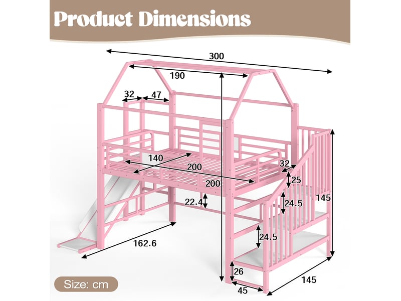 Lit mezzanine enfant 140x200 cm rose avec toboggan, escalier et rangements - Conforama C