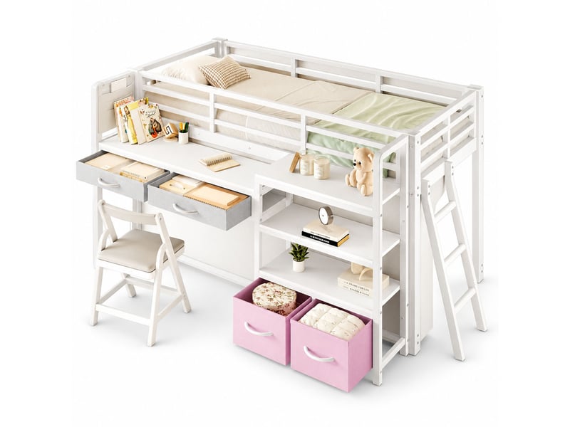  Lit mezzanine en métal 90x200 cm avec bureau, étagères, tiroirs en tissu et led, lit enfant avec rideau et espace de rangement - blanc  - Conforama A