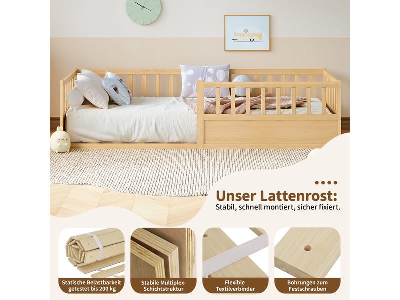  Lit enfant montessori - 90x200 cm - barrières de sécurité - pin massif - bois naturel BUYDEEMEUS - Conforama E