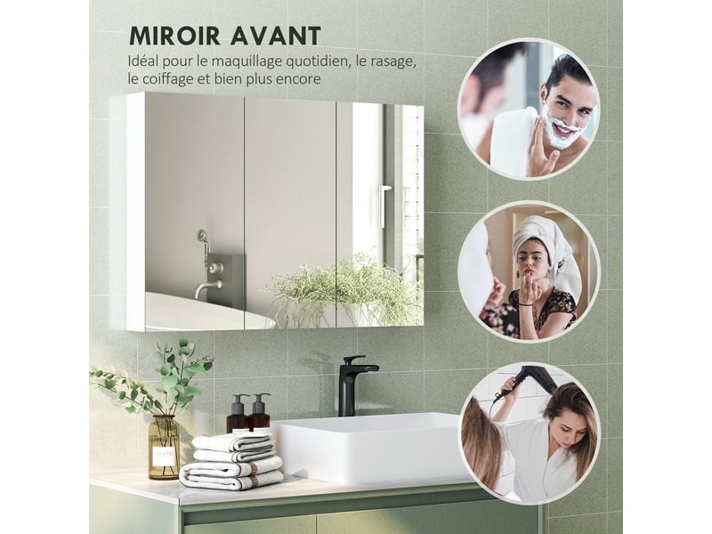  Armoire murale salle de bain avec miroir, armoire de toilette 3 portes miroir, étagères réglables, blanc, 91,5x11,5x65cm  - Conforama R