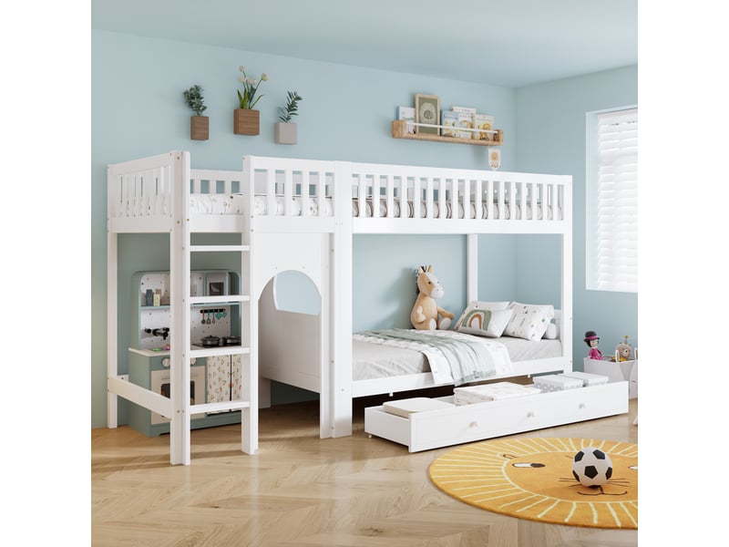  Lit superposé enfant 2 places 90×200 cm, échelle et barrières  - sans matelas, pin mdf blanc naturel  - Conforama C