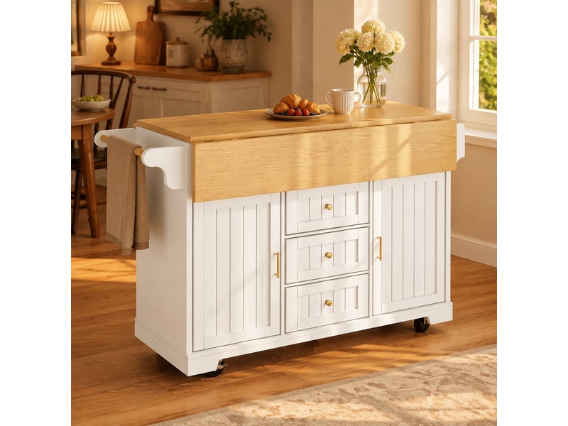  Îlot de cuisine à roulettes 120x4080x95 cm, 3 tiroirs, blanc effet bois  - Conforama B