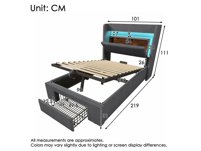  Lit coffre 90 x 200 cm avec matelas, tête de lit avec rangement, éclairage led, prises usb et usb-c, gris lin  - Conforama E