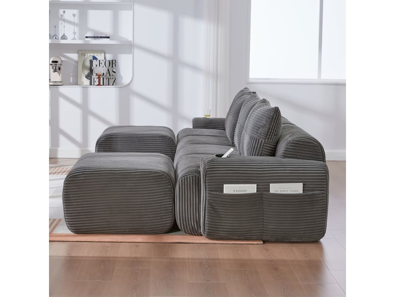 Canapé modulable 4 places 333x174x80 cm avec 2 poufs gris foncé - Conforama C