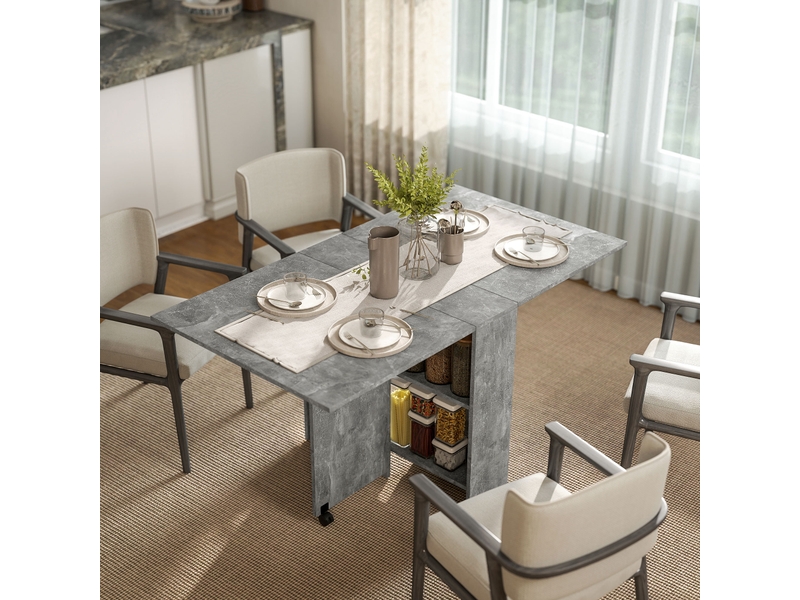  Table de cuisine pliante à roulettes, 2 étagères de rangement et 2 rallonges rabattables, style moderne, 75 x 140 x 74 cm, gris ciment  - Conforama C