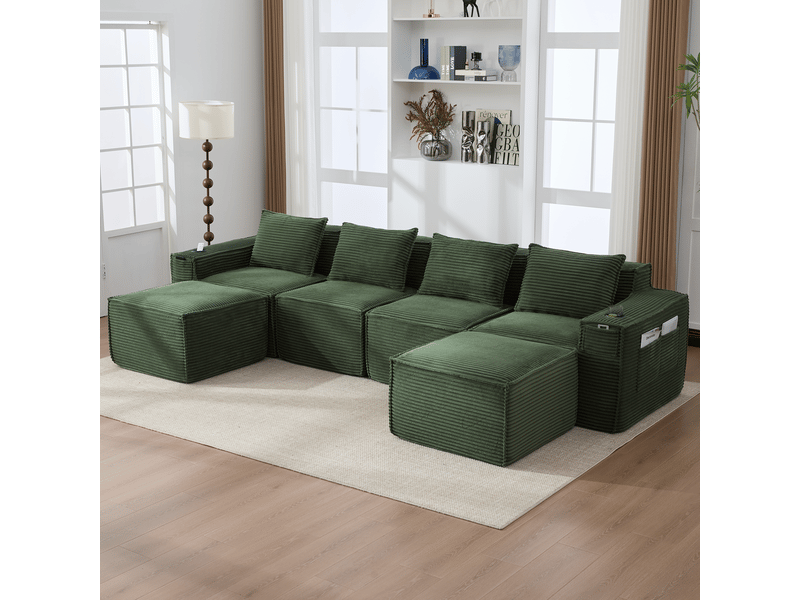  Canapé modulable vert 4 places en velours côtelé avec deux poufs, ressorts et mousse haute densité, pour salon contemporain  - Conforama R