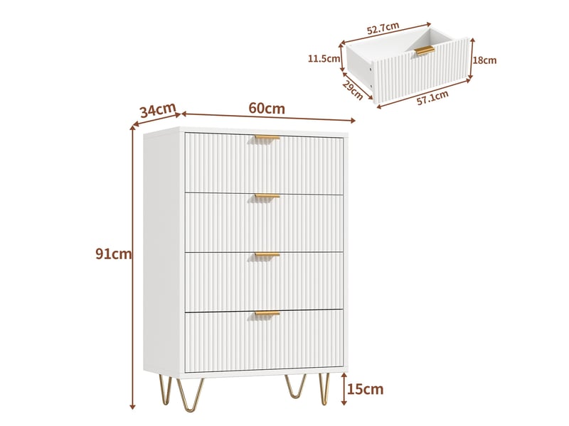  Commode chambre, commode blanche 60 cm, 4 tiroirs, meuble de rangement avec façades texturées et pieds dorés, style moderne, blanc  - Conforama E
