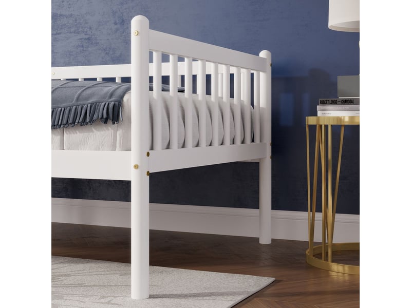  Canapé-lit 90 x 200 cm bois de pin barrières sur 3 côtés finition blanche  - Conforama D