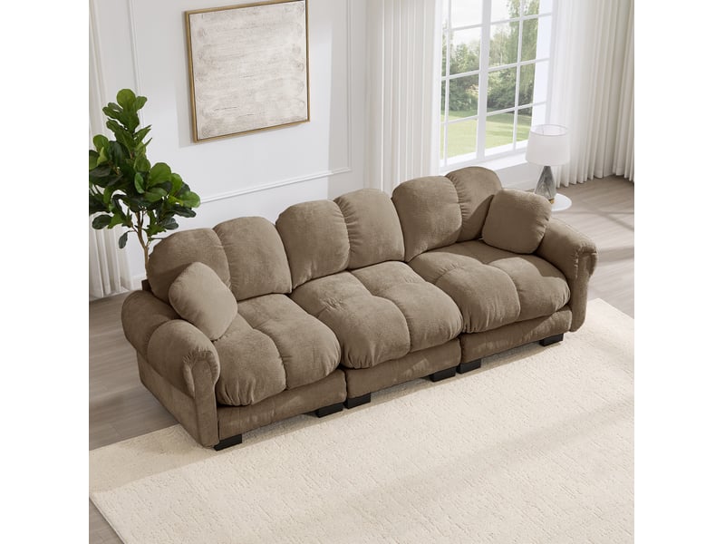  Canapé droit 3 places modulable en tissu marron avec 2 coussins déco, design matelassé pour le salon  - Conforama B