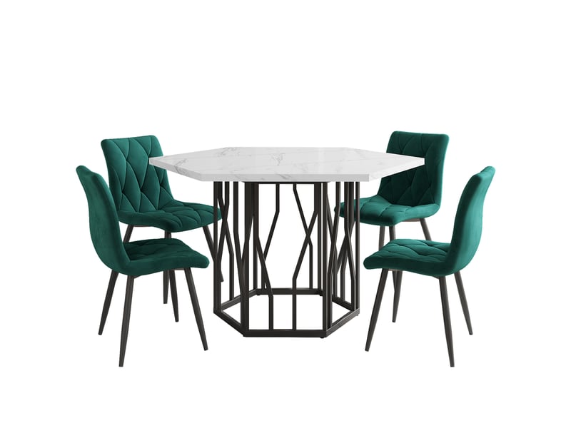  Table hexagonale effet marbre avec 4 chaises en velours vert, salle à manger design  - Conforama A