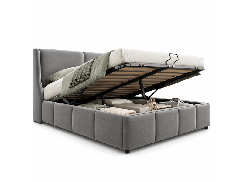  Lit adulte 140x190 cm - lit coffre double avec grand rangement hydraulique sous le lit et tete de lit capitonne - 2 personnes - cadre de lit rembourré 2 places- sommier à lattes - simple - chambre complete ado - velours - gris -…  - Conforama A