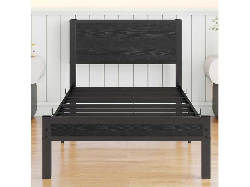  Lit simple 90x200 cm avec tête de lit et rangement, mdf et métal, noir sans matelas  - Conforama C